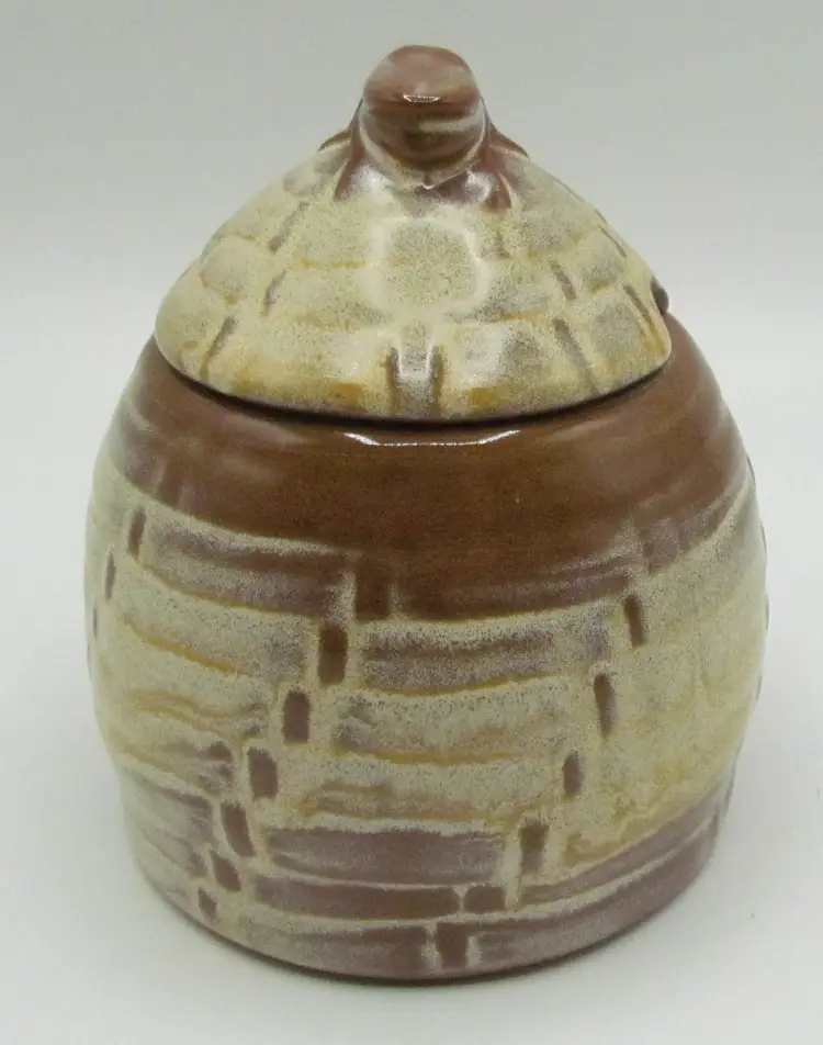 Vtg Frankoma Pottery Plainsman Brown Honey Pot #803 w/Bee Finial on Lid- no dipper