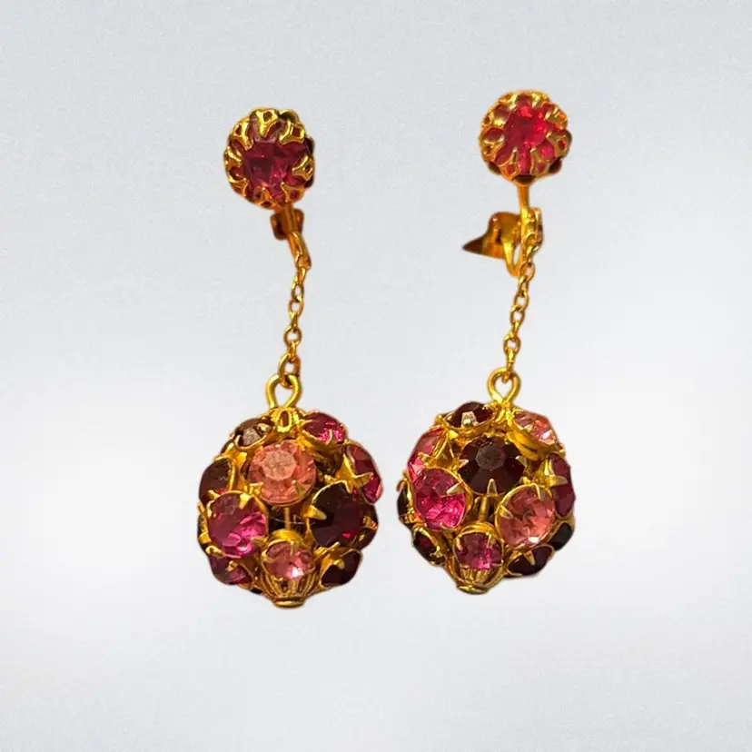 Vintage Clip Back Dangle Earrings Red And Pink Rhinestone Balls 1 3/4 “