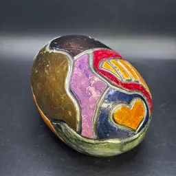 Art Pottery Egg Shaped Lidded Trinket Box With Hearts 4.5”x3”