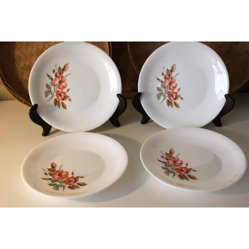 Vintage Arcopal France Set Of 4 Pink And Green Floral, White Milk Glass Plates 7 3/8"