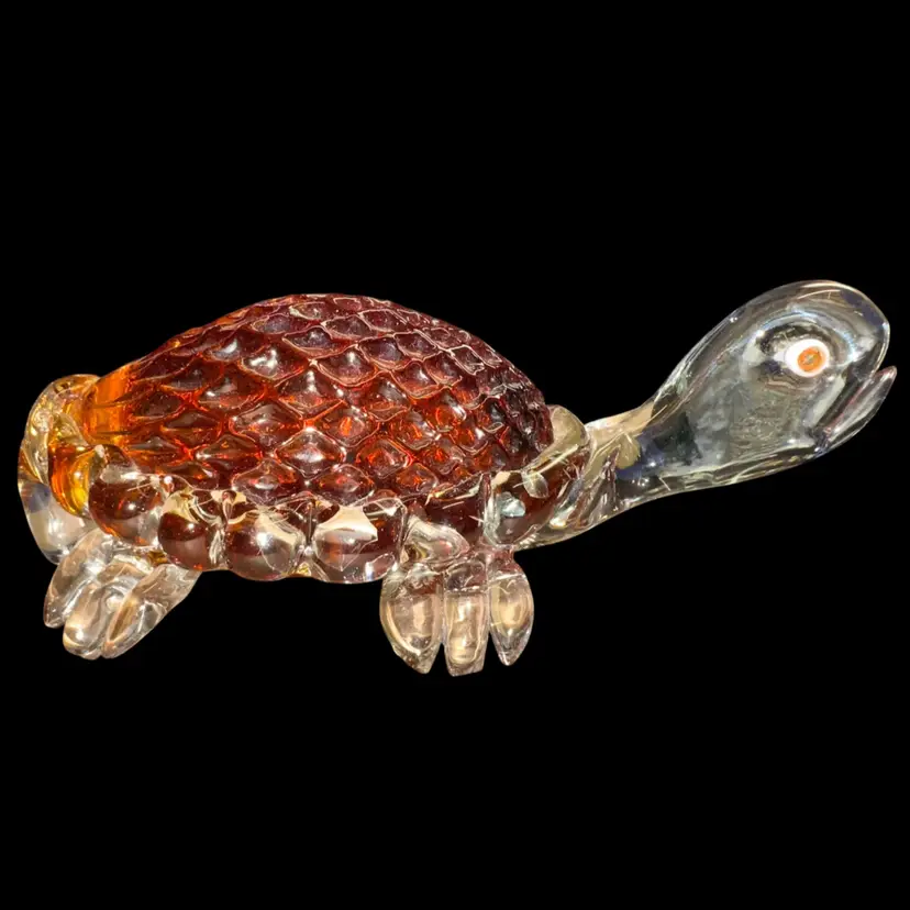 Art Glass Encased Amber & Clear UV Reactive Turtle Paperweight