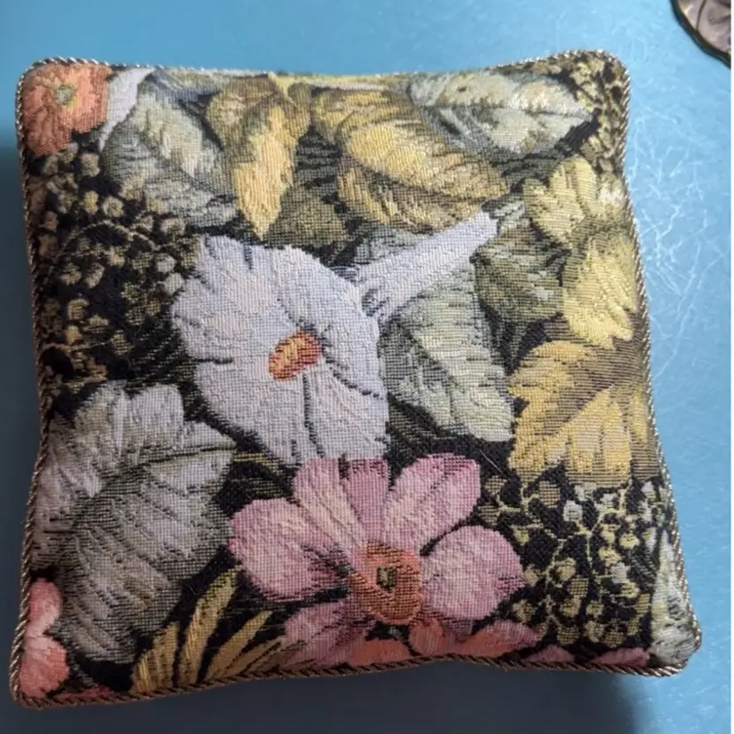 #02 Vintage Cabbage Rose Tapestry Accent Pillows 8.5” Mini Tussie Mussie Tan Velvet Back