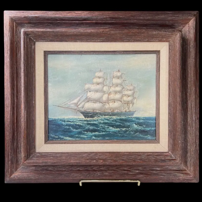 Vintage Clipper Ship in Rough Sea Oil Painting Signed J. James in Wooden Frame. Gorgeous Nautical Maritime Seascape. 17-1/4” W x 15” H x 1-3/4” D