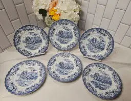 Set of 6 Bread & Butter Plates by Johnson Brothers, Coaching Scenes Blue collection