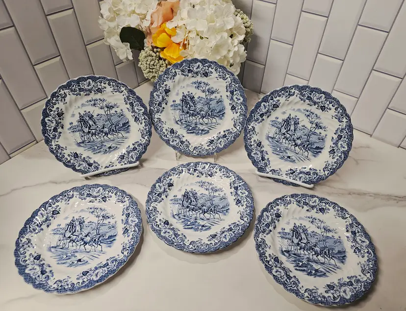 Set of 6 Bread & Butter Plates by Johnson Brothers, Coaching Scenes Blue collection