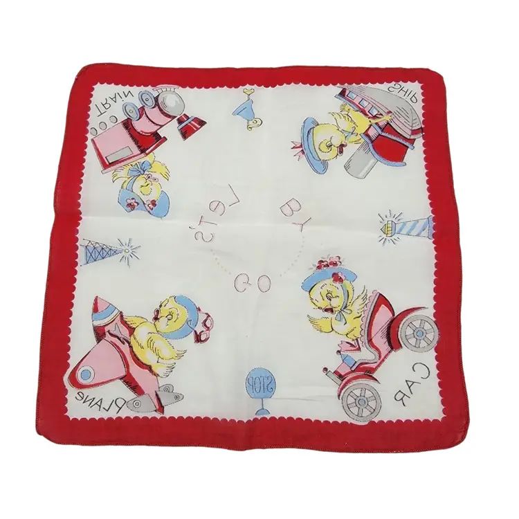 Vintage Lets Go By Children's Handkerchief With Red Trim Cute Chicks