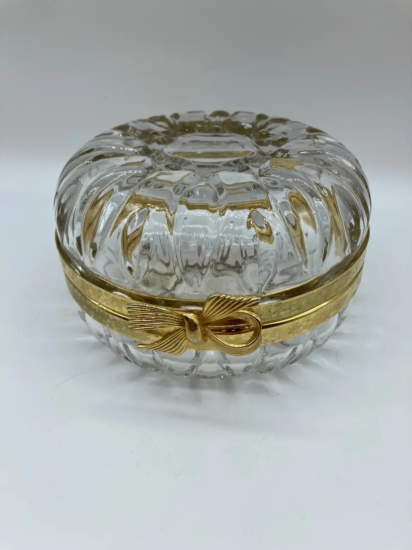 Vintage Cut Glass Crystal Round Gold Trim Bow Hinged Jewelry Trinket Box