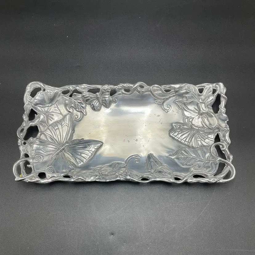 Arthur Court Butterflies Floral Platter Spring Metal Vintage Serving Kitchenware