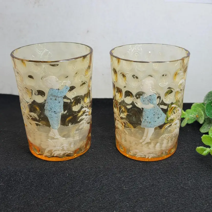 Vintage Amber Glass Thumbprint Tumblers with Mary Gregory Male & Female Optic