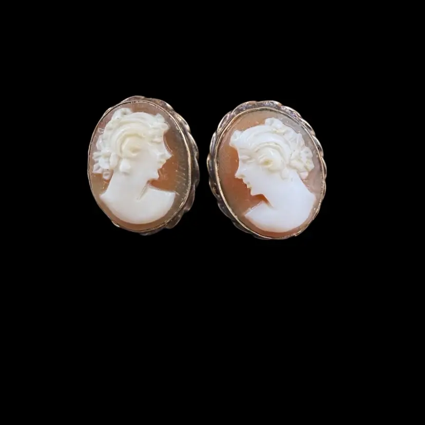 antique hand-carved shell cameo earrings set in 14k gold