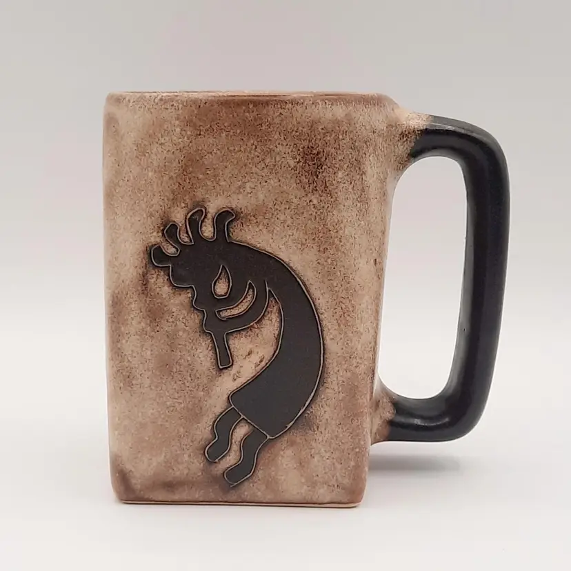 Mara Mug Mexico Pottery Kokopelli Cactus Brown Square Edge Mug