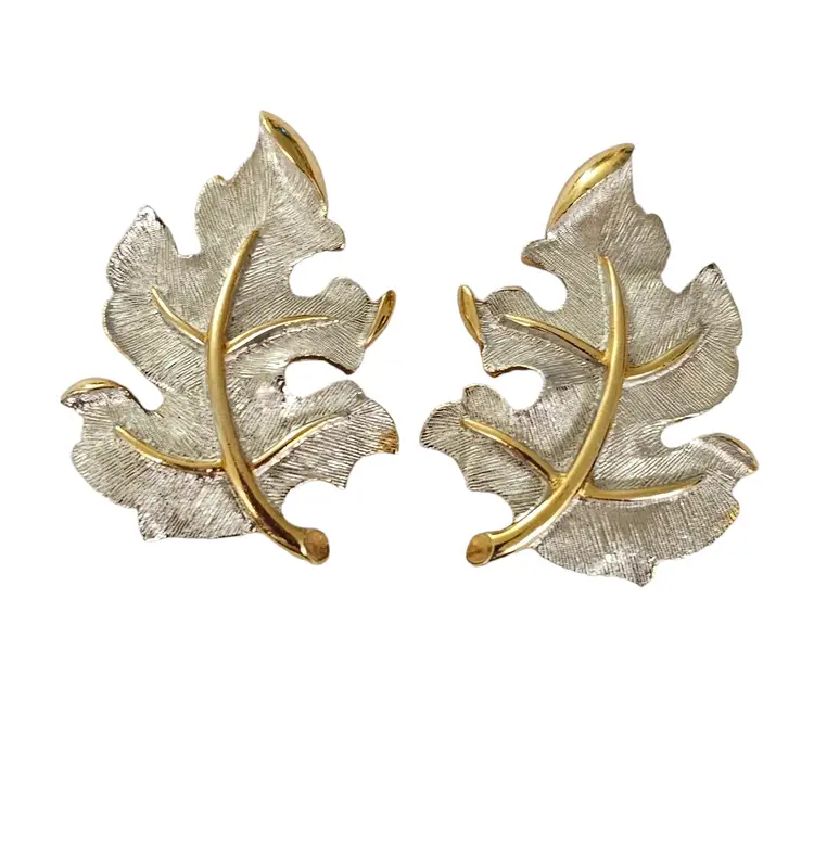 Judy Lee Silver Tone, Gold Tone Large Leaf Clip On Earrings, Signed L235