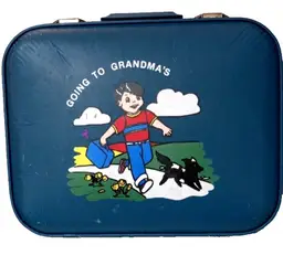 Vintage Luggage Going To Grandma's Blue Hard Shell Child's Suitcase Boy with Dog