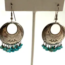 Native American Earrings,Signed 925 R, Sterling Turquoise Stones, Ear Wire Pierced Earrings