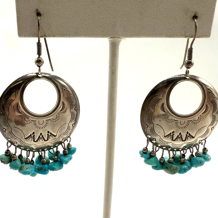 Native American Earrings,Signed 925 R, Sterling Turquoise Stones, Ear Wire Pierced Earrings