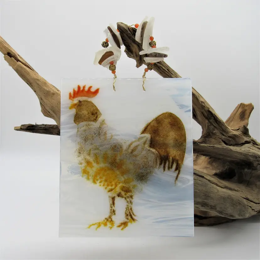 Maine Made Fused Glass Wall Decor/Suncatcher with Real Maine Seaglass - Rooster Theme