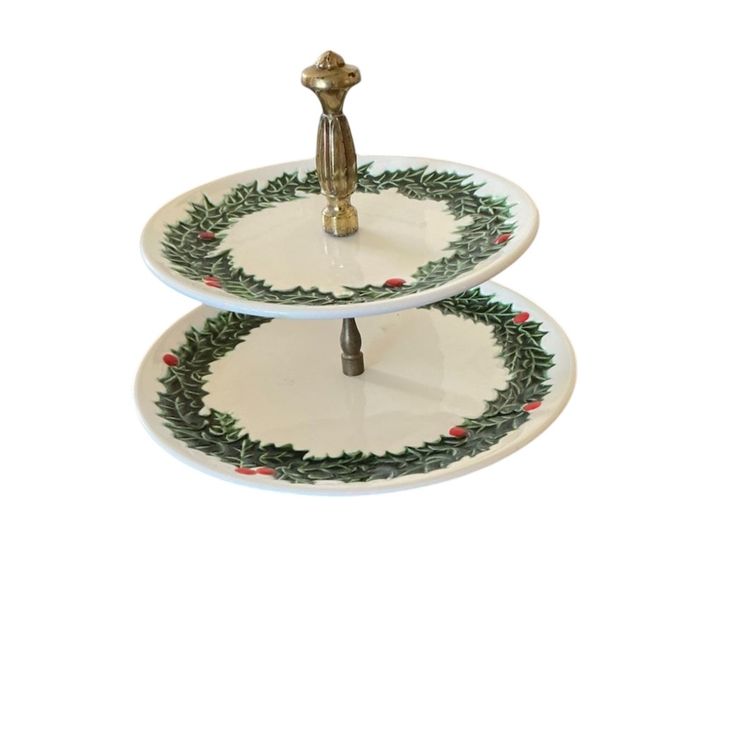 Vintage 2-Tiered Holly & Berry Tidbit Serving Plate