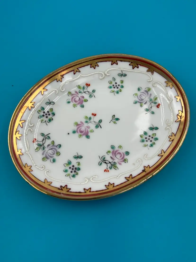 Vintage Porcelain Gold Encrusted Small Jewelry Trinket Dish With Pink Roses