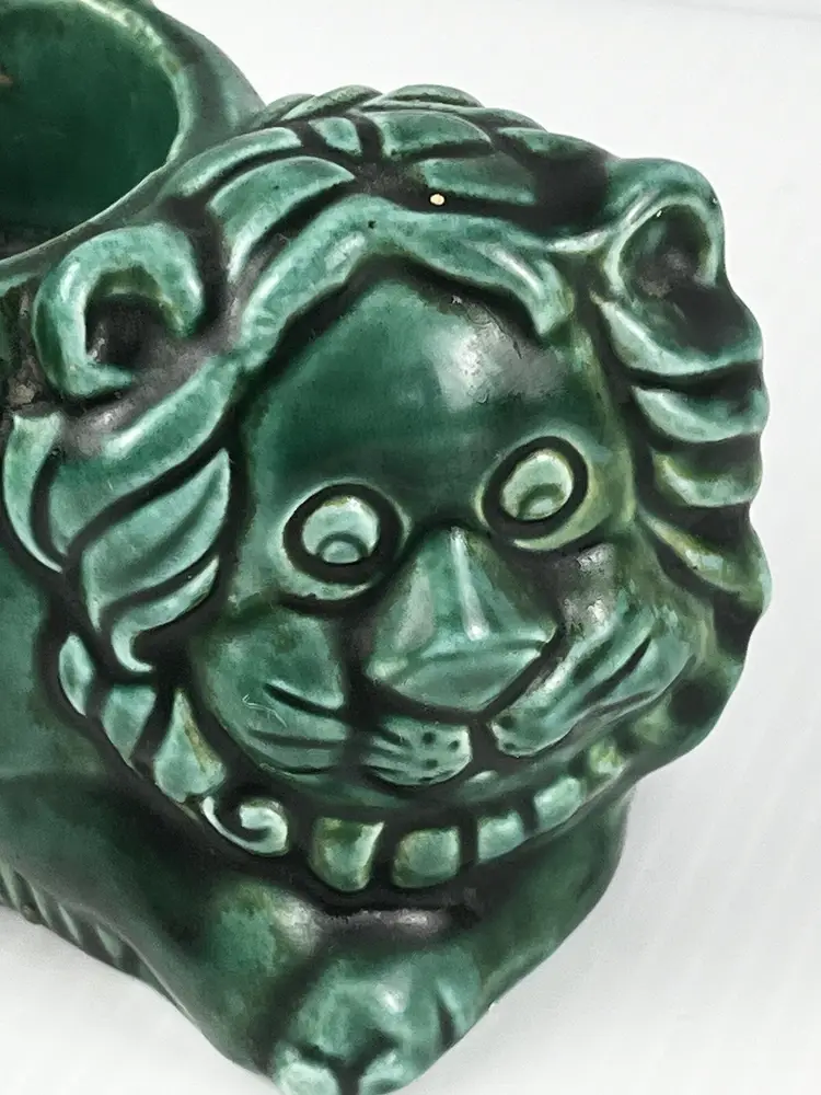 Lion Votive Succulent Holder Jade Green Signed Vintage Art Pottery Ceramic