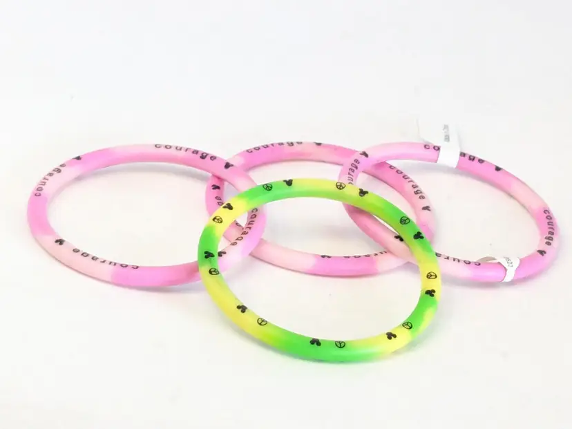 Disney Rubber Bangle Bracelets Courage Peace Pink and Green x4