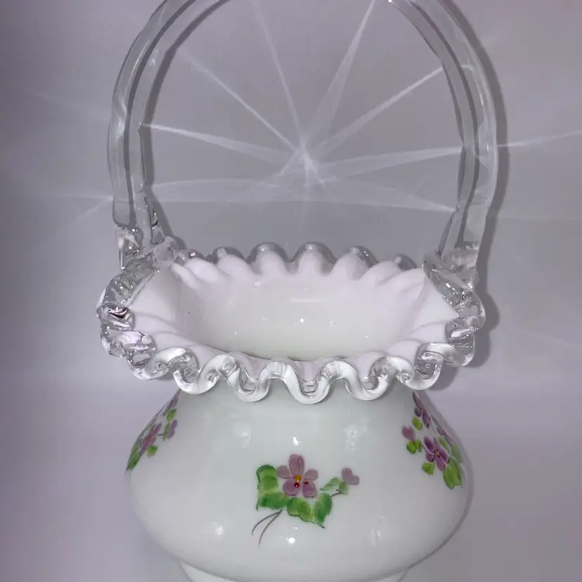 Vintage Fenton Silver Crest Violets In The Snow Hand Painted By Vicki Felder Milk Glass Basket! Embossed Fenton! 8” Tall!