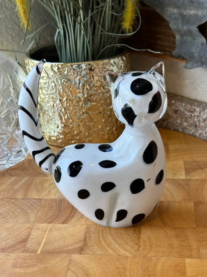Hand Blown Glass Cat Figurine Black White Spotted Art Glass Sculpture Minimalist Decor