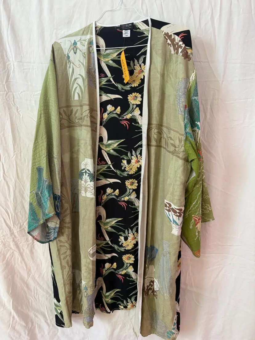 Citron Long Green Black Kimono With Birds 100% Silk 2X
