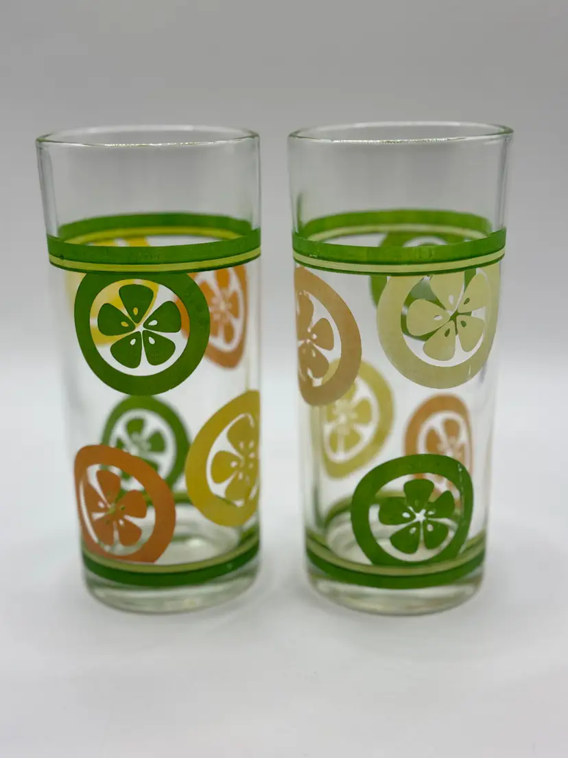 Vintage 1960’s MCM Green Yellow Orange Fruit Slices Drinking Tumbler Glasses, Hand Painted, Made In USA, Set Of 2