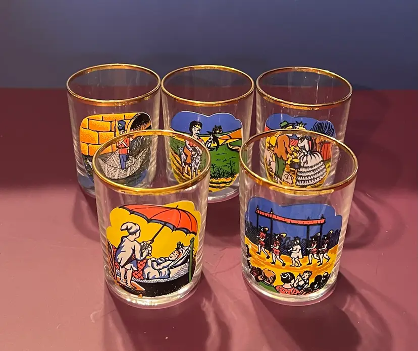 Set Of Five Vintage French  Shot Or Juice  Glass Storybook Scenes Gold Rimmed 