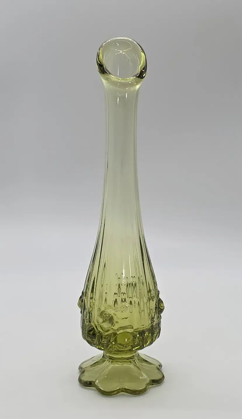 Fenton Green Cabage Rose Swung Bud Vase 10"