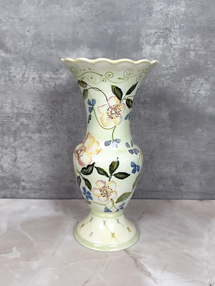 Pastel Floral Tracy Porter Evelyn Vase: Hand Painted 11.5" Scalloped Stoneware (105-25)
