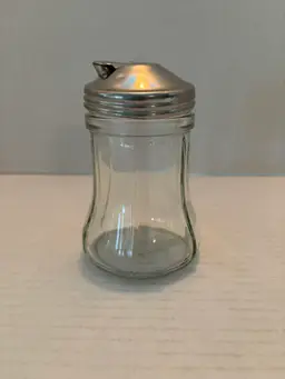 Vintage Maywood Glass CO. Clear Glass Sugar Shaker Metal Lid #2715 5 inches Tall