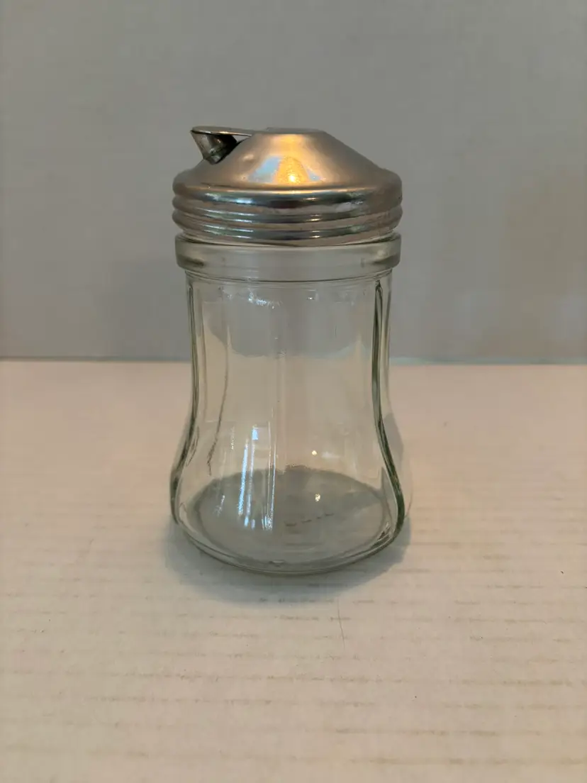 Vintage Maywood Glass CO. Clear Glass Sugar Shaker Metal Lid #2715 5 inches Tall