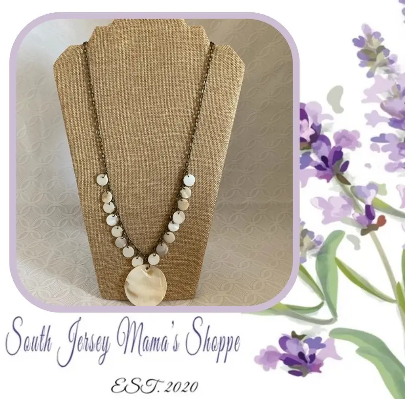 Vintage Brass Tone Necklace With Mother Of Pearl Circle Pendant And Charms