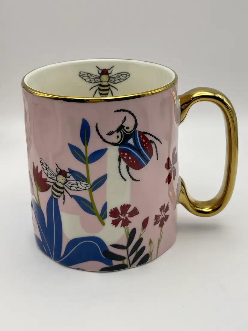 SH Home, Pink, Ceramic, Letter “J” Mug, Beetle/Floral, Gold Handle, 16oz