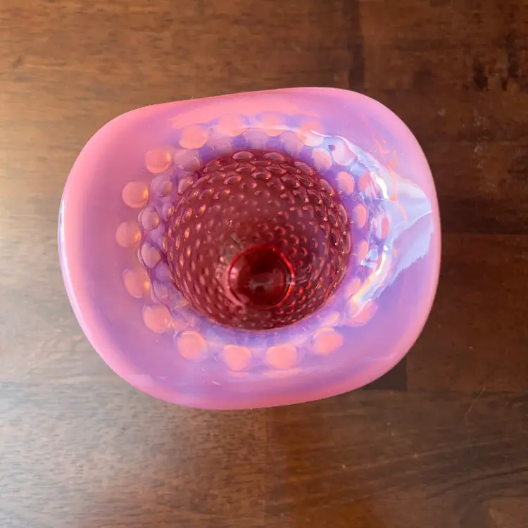 Fenton Cranberry Opalescent Hobnail Hat Vase with a ruffled rim. 3.5”