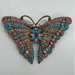 Vintage Carol Dauplaise Rhinestone Enamel Butterfly Brooch Pin 1990's Blue Pink