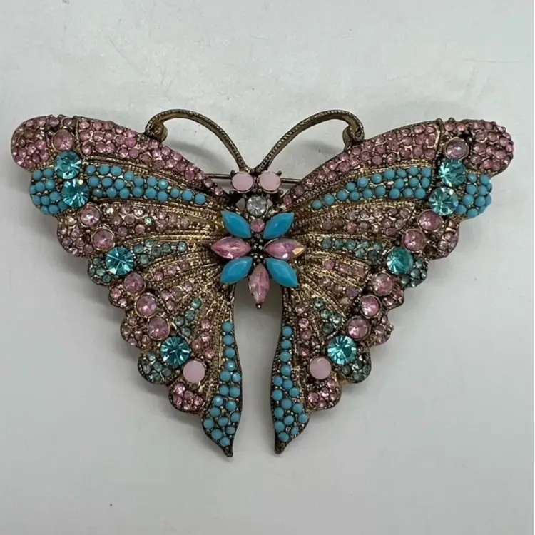 Vintage Carol Dauplaise Rhinestone Enamel Butterfly Brooch Pin 1990's Blue Pink