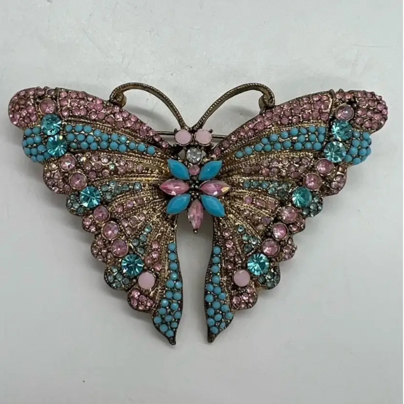 Vintage Carol Dauplaise Rhinestone Enamel Butterfly Brooch Pin 1990's Blue Pink