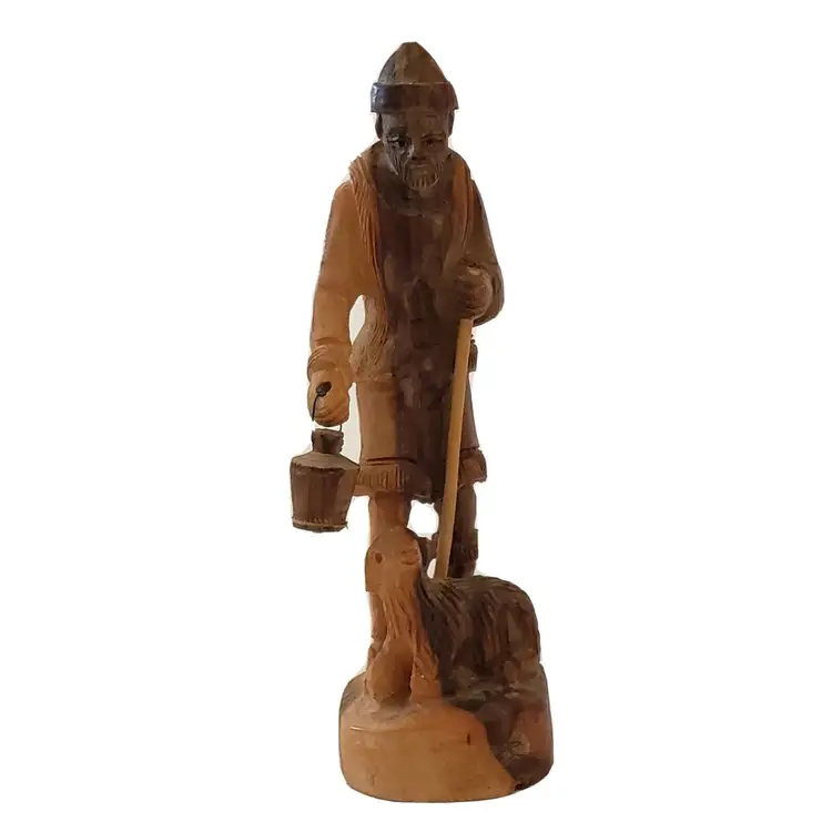 Folk Art Wood Figurine Sculpture of Man with Wood Staff Hanging Lantern & Sheep