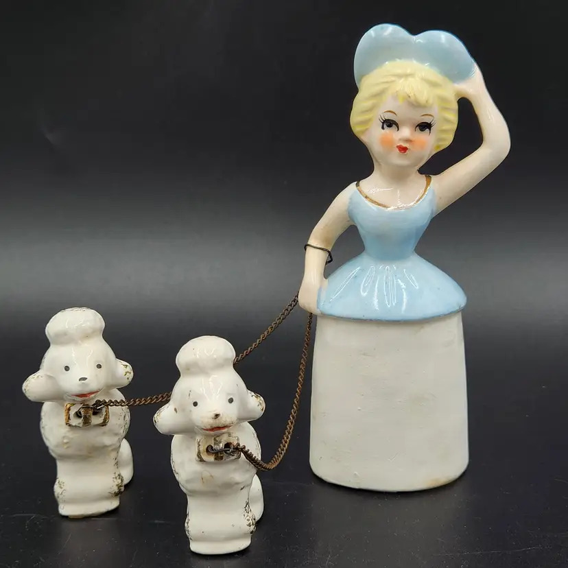 1960's Ceramic Girl W/Big Blue Bow Walking Chained Poodles
