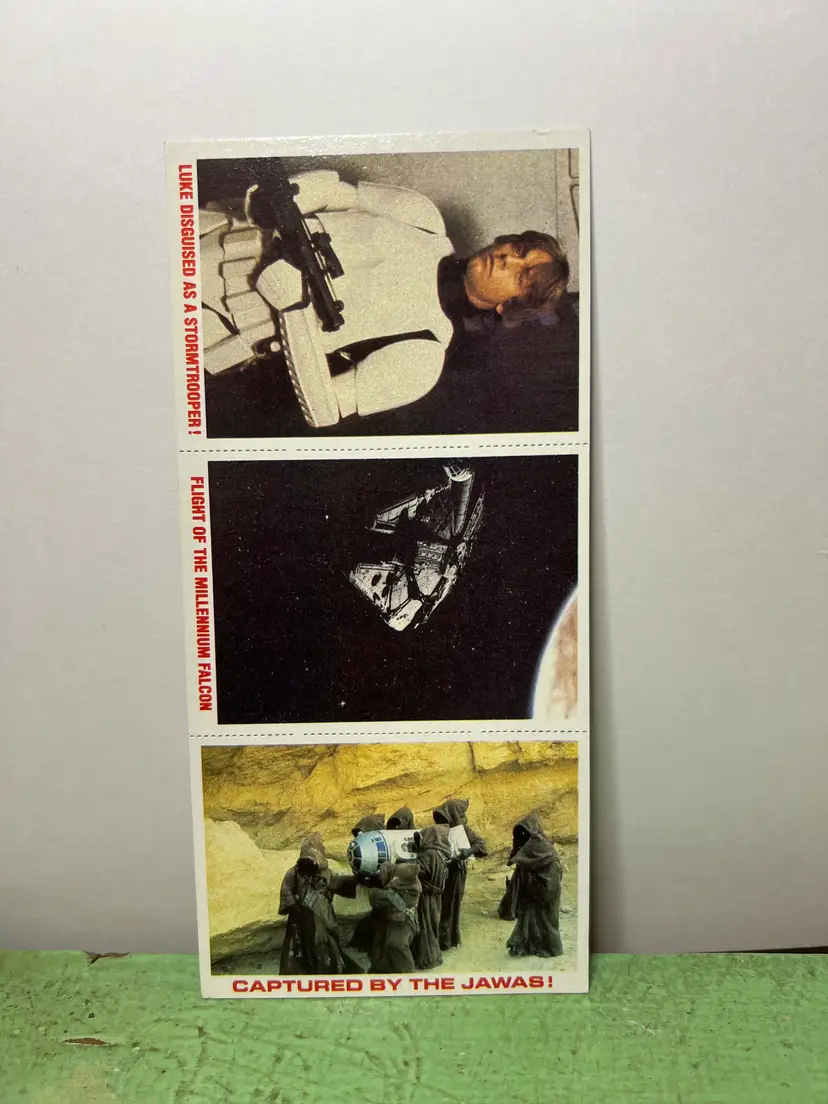 1977 Burger King Star Wars Trading Card 3 Card Uncut Panel Luke Skywalker, Storm Trooper, Millennium Falcon, Jawas