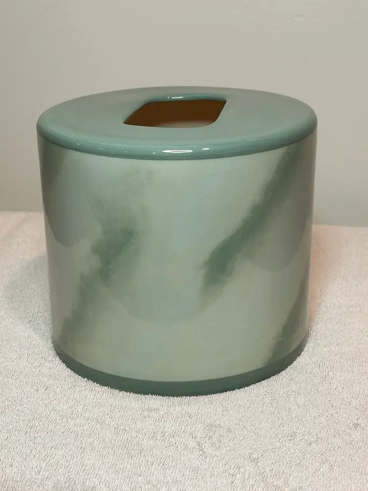 Vintage Vohann Tissue Box Cover Tie Dye Sage Green Round Ceramic Cover 6” x6”