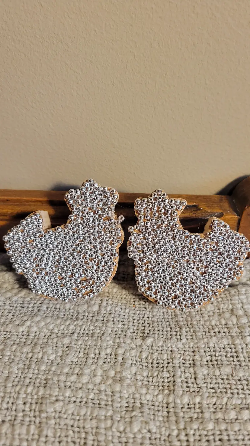 Made By me wooden cut outs silver beads chickens x2  2x2in
