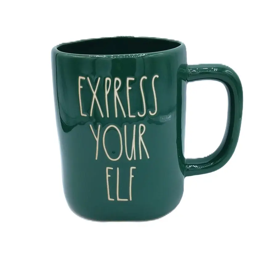 EXPRESS YOUR ELF, Rae Dunn Magenta Artisan Collection GREEN 16oz. Coffee Mug, NEW/UNUSED