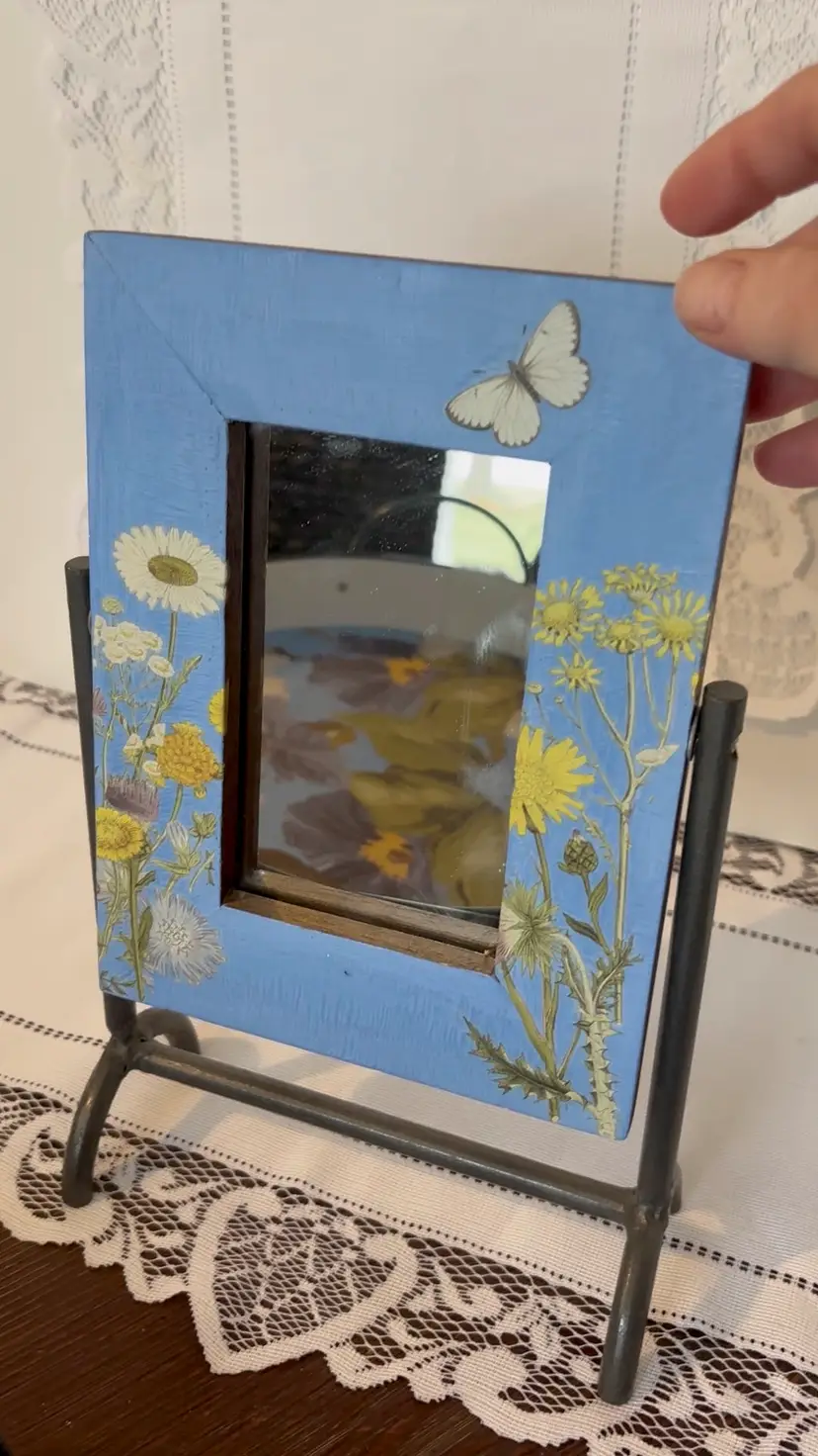 Up-Cycled  By Me Wood Blue Botanical Rotating Mirror 11”x 7”