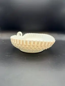 Vintage Fenton White Milk Glass Heart Hobnail Ruffled Edge Dish with Handle