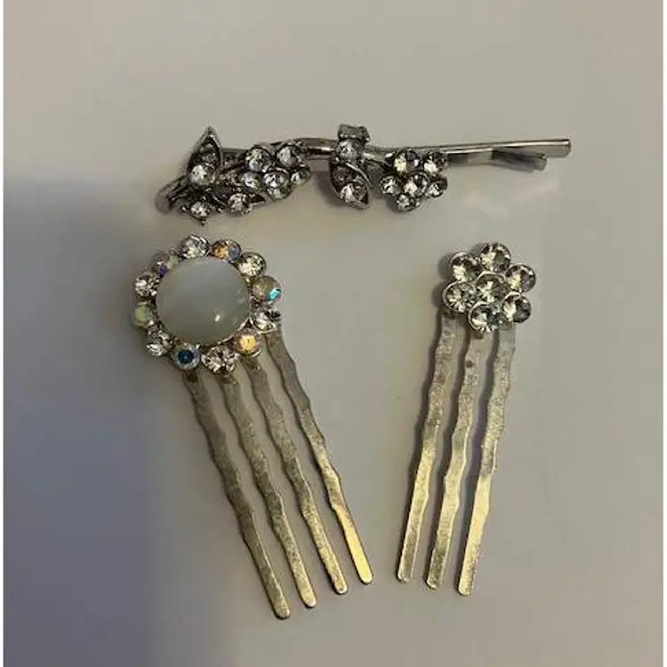 Three Silver Tone Rhinestone Hair Pins
