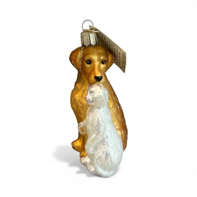 World Heritage Sparkly Retriever Dog And White Cat Handblown Glass Hanging Ornament