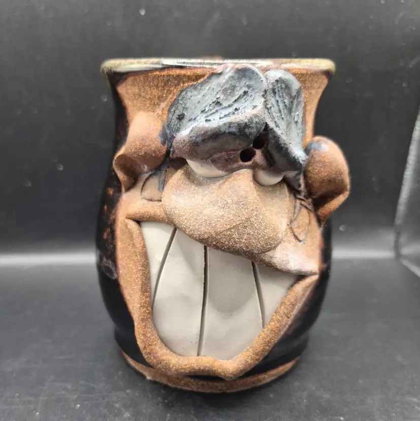 Handmade Ceramic Face Mug Sculpted Grinning Expression BlackBrown Pottery Coffee